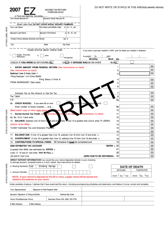 Form 200-03 Ez Draft - Delaware Individual Resident Income Tax Return - 2007 Printable pdf