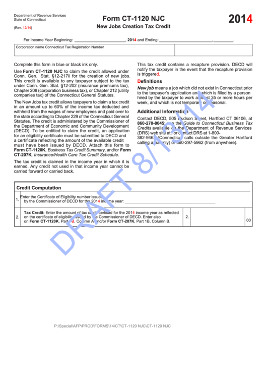 Form Ct-1120 Njc (Draft) - New Jobs Creation Tax Credit - 2014 Printable pdf