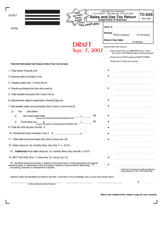 Form Tc-62s Draft - Sales And Use Tax Return Single Place Of Business Printable pdf