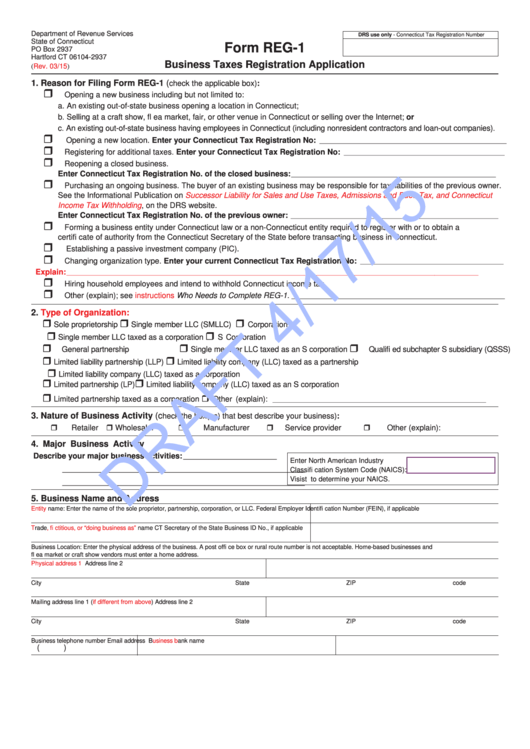 Form Reg-1 Draft - Business Taxes Registration Application Printable pdf