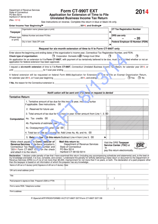 Form Ct-990t Ext - Application For Extension Of Time To File Unrelated Business Income Tax Return - 2014 Printable pdf
