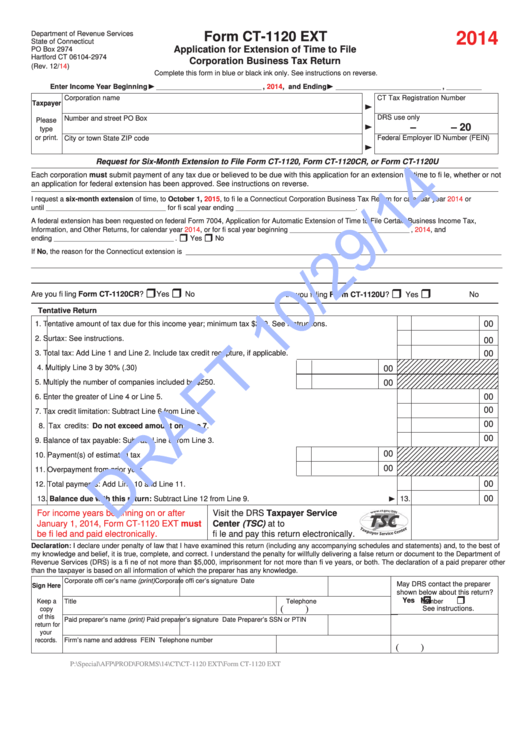 Form Ct-1120 Ext Draft - Application For Extension Of Time To File Corporation Business Tax Return - 2014 Printable pdf
