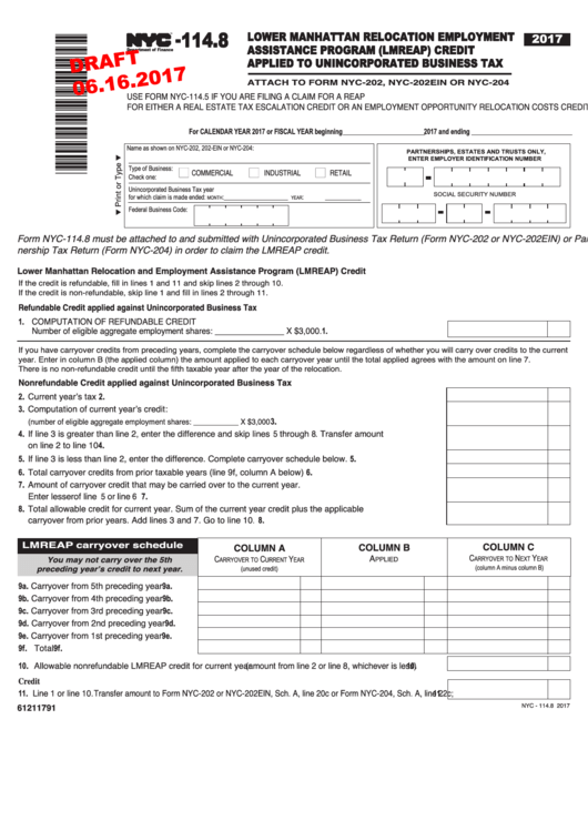 Form Nyc-114.8 Draft - Lmreap Credit Applied To Unincorporated Business Tax - 2017 Printable pdf