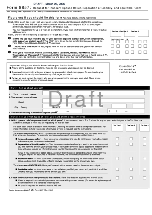 Form 8857 - Request For Innocent Spouse Relief, Separation Of Liability, And Equitable Relief Printable pdf