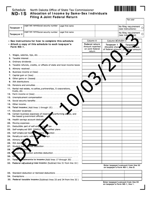 Schedule Nd-1s Draft - Allocation Of Income By Same-Sex Individuals Filing A Joint Federal Return - 2013 Printable pdf