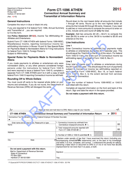 Form Ct-1096 Athen Draft - Connecticut Annual Summary And Transmittal Of Information Returns - 2015 Printable pdf
