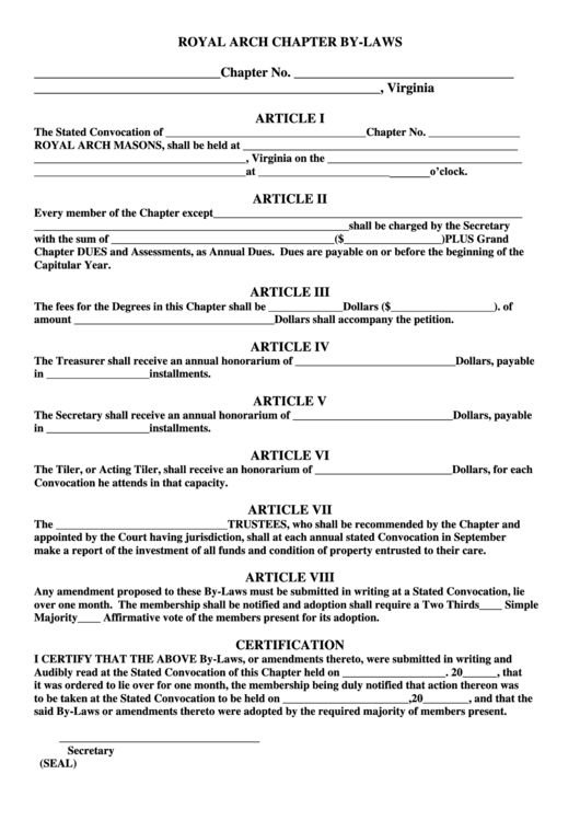 Royal Arch Chapter By-Laws Template Printable pdf