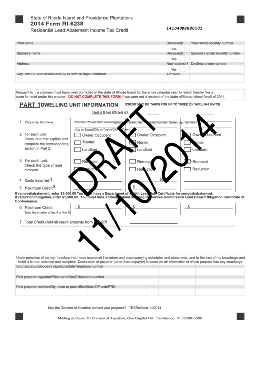 Form Ri-6238 Draft - Residential Lead Abatement Income Tax Credit - 2014 Printable pdf