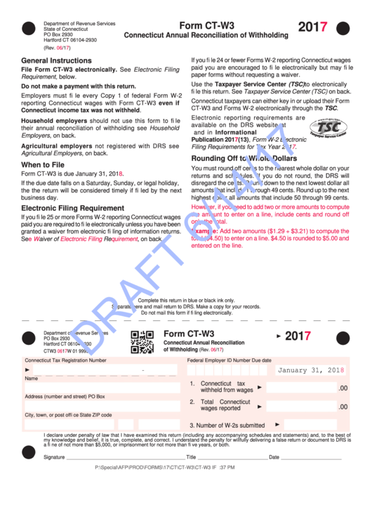 Form Ct-W3 Draft - Connecticut Annual Reconciliation Of Withholding Printable pdf