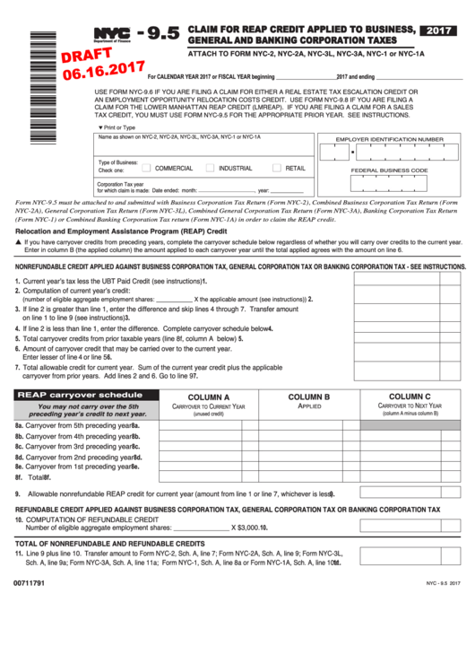 Form Nyc-9.5 Draft - Claim For Reap Credit Applied To Business, General And Banking Corporation Taxes - 2017 Printable pdf