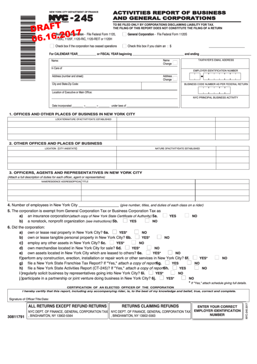 Form Nyc-245 Draft - Activities Report Of Business And General Corporations - 2017 Printable pdf