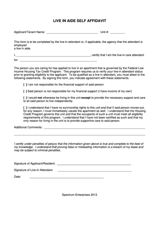 Live In Aide Self Affidavit Form Printable pdf