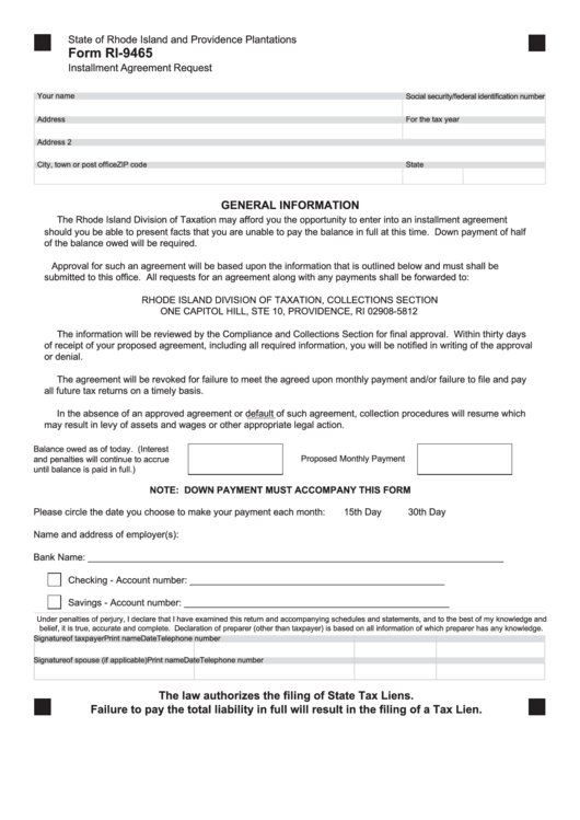 Form Ri-9465 - Installment Agreement Request Printable pdf