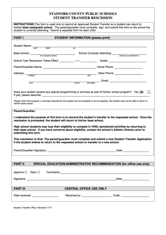 Student Transfer Rescission Form Printable pdf