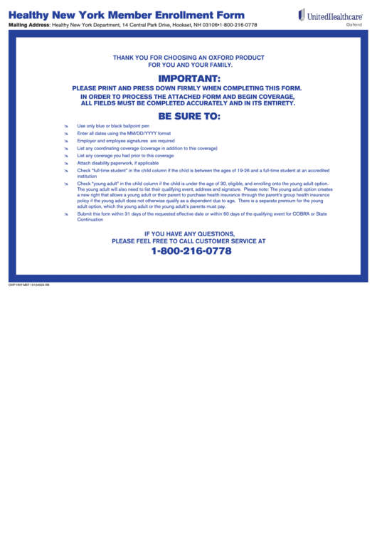 Healthy New York Member Enrollment Form Printable pdf