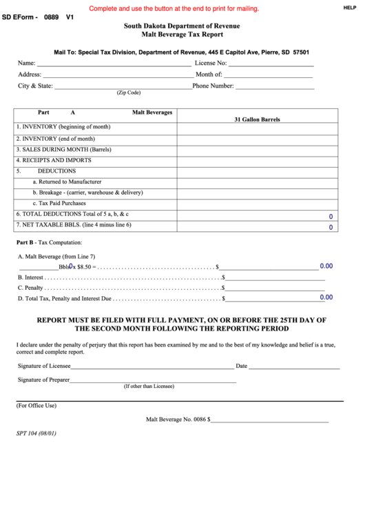 Fillable Sd Eform 0889 - Malt Beverage Tax Report Printable pdf
