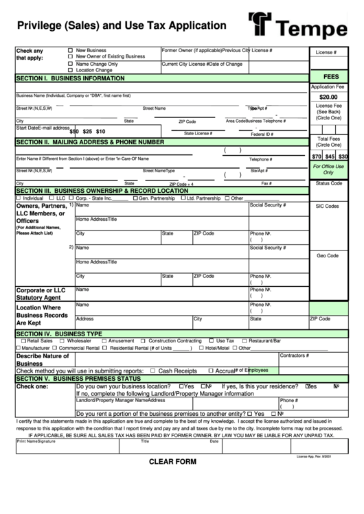 Fillable Privilege (Sales) And Use Tax Application Form - Tempe Tax And License Division Printable pdf
