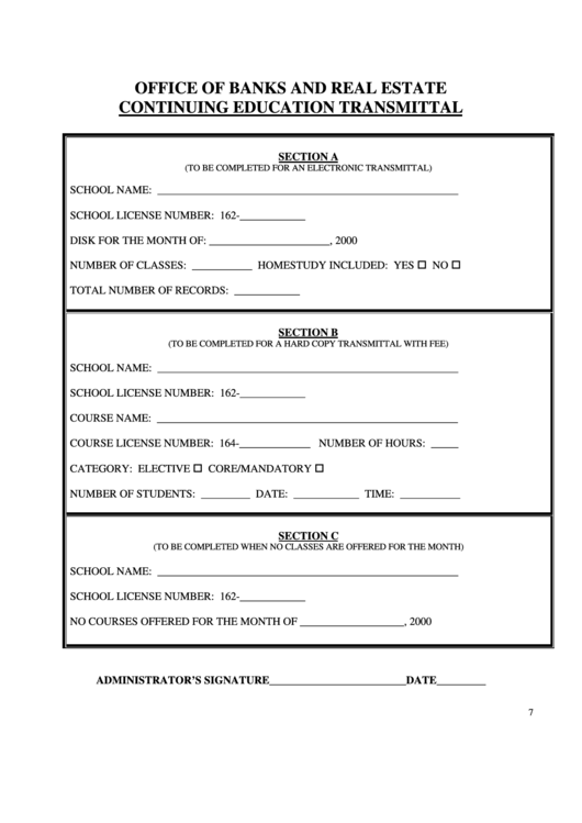 Continuing Education Transmittal Form - Office Of Banks And Real Estate Printable pdf