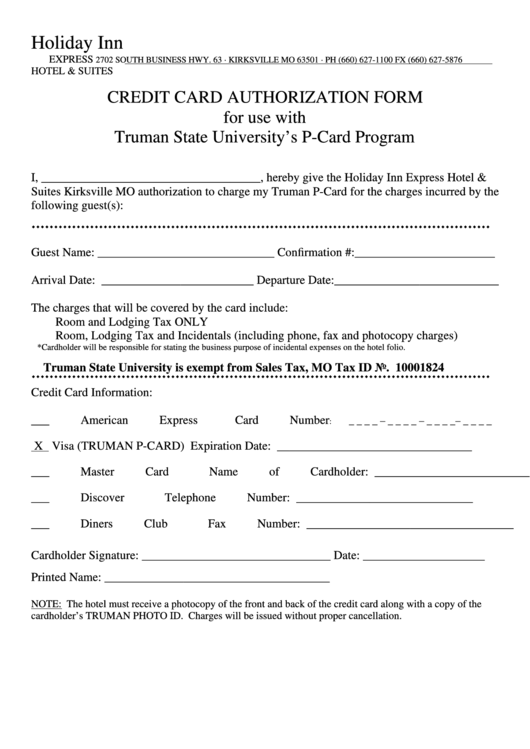 Fillable Credit Card Authorization Form For Use With Truman State University