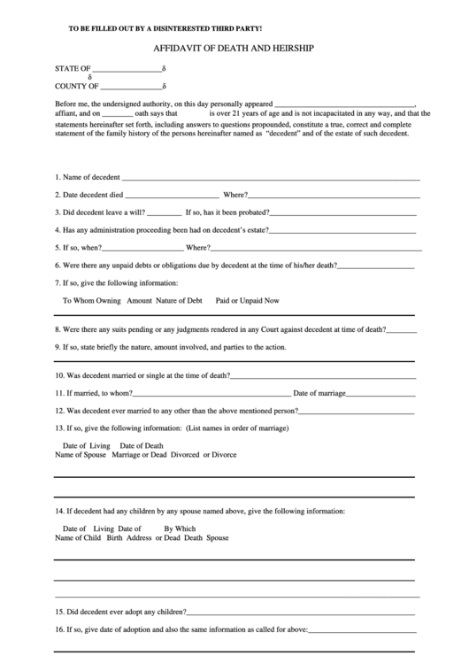Fillable Affidavit Of Death And Heirship Form Printable pdf