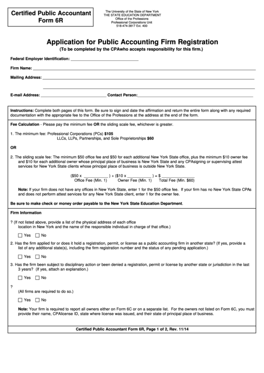 Cpa Form 6r - Application For Public Accounting Firm Registration - New York State Education Department Printable pdf