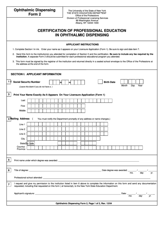 Ophthalmic Dispensing Form 2 - Certification Of Professional Education In Ophthalmic Dispensing - New York State Education Department Printable pdf