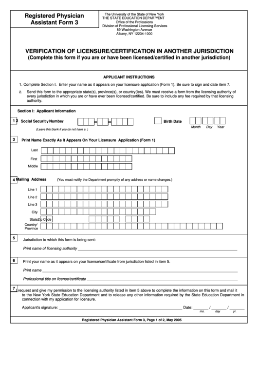 Registered Physician Assistant Form 3 - Verification Of Licensure/certification In Another Jurisdiction - New York State Education Department Printable pdf