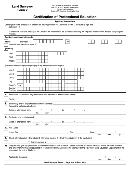 Land Surveying Form 2 - Certification Of Professional Education - New York State Education Department Printable pdf