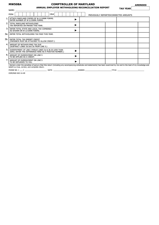Fillable Form Mw508a - Annual Employer Withholding Reconciliation Report Printable pdf