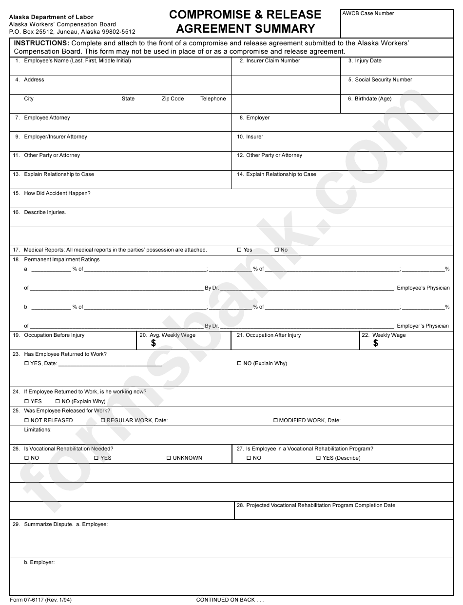 Compromise & Release Agreement Summary Form - Alaska Department Of Labor