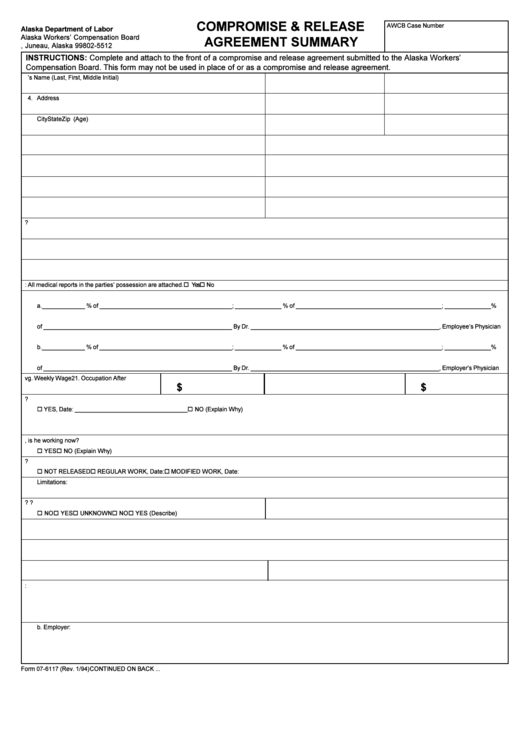 Compromise & Release Agreement Summary Form - Alaska Department Of Labor Printable pdf
