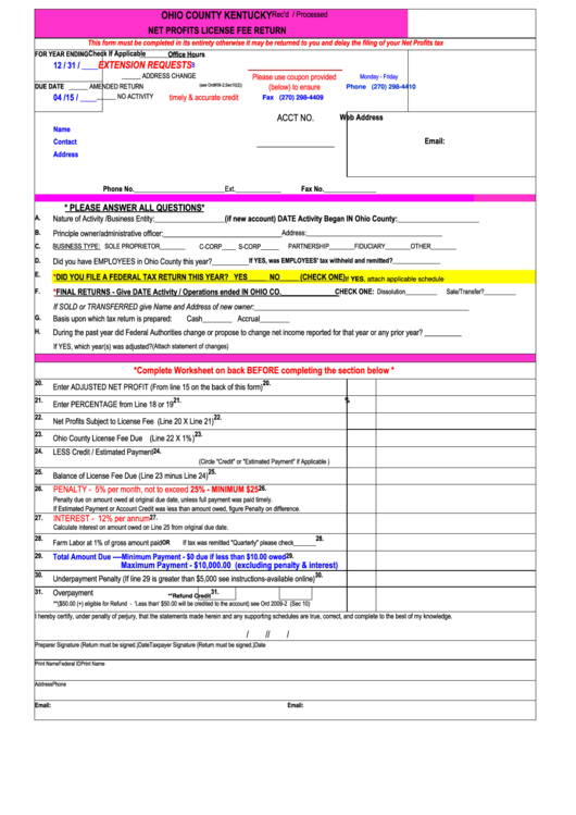 Net Profits License Fee Return Form Ohio County Kentucky Printable 