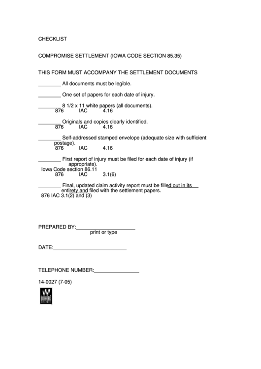 Checklist For Compromise Settlement Form Printable pdf