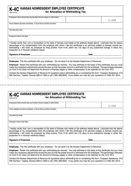 Fillable Form K-4c - Kansas Nonresident Employee Certificate For Allocation Of Withholding Tax - Department Of Revenue Printable pdf