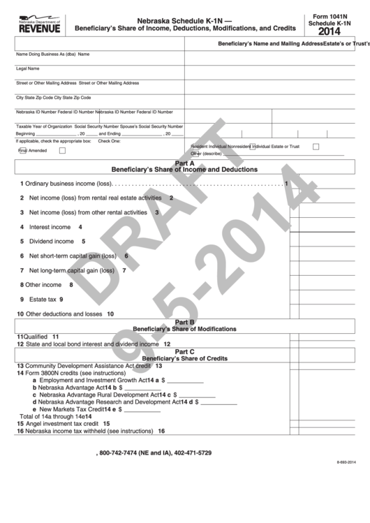 Form 1041n Draft - Nebraska Schedule K-1n Beneficiary