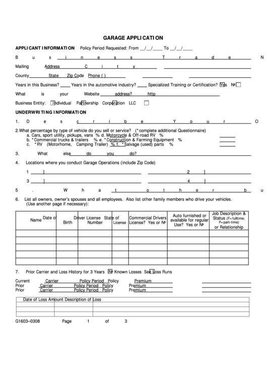 Fillable Form G1603-0308 - Garage Application Printable pdf