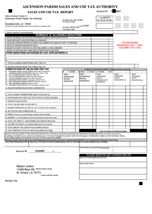 Sales And Use Tax Report Form - Ascension Parish Sales And Use Tax Authority - Louisiana Printable pdf