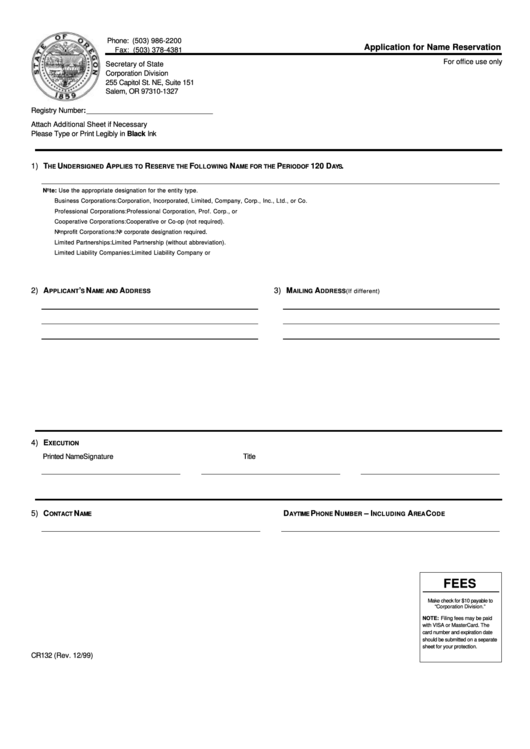 Fillable Form Cr132 - Application For Name Reservation - Oregon Secretary Of State Printable pdf