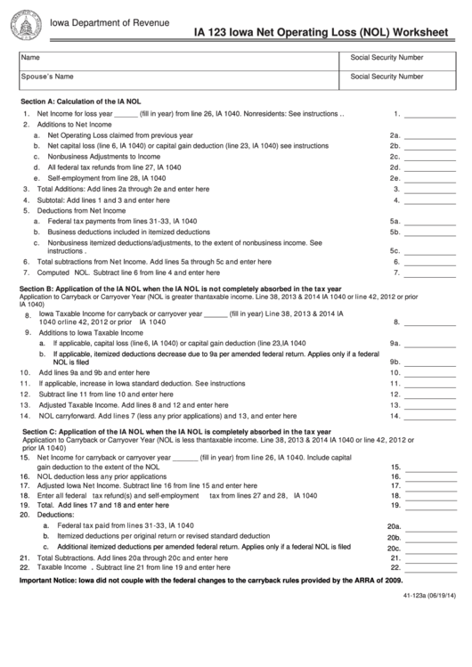 Fillable Form Ia 123 - Iowa Net Operating Loss (Nol) Worksheet Printable pdf