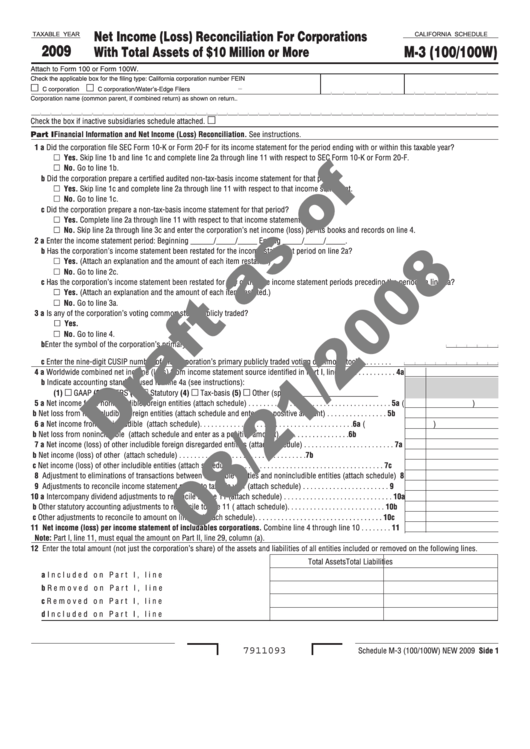 California Schedule M-3 (100/100w) - Net Income (Loss) Reconciliation For Corporations With Total Assets Of 10 Million Or More - 2009 Printable pdf