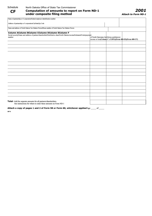 Schedule Cf - Attach To Form Nd-1 - Computation Of Amounts To Report Under Composite Filing Method - 2001 Printable pdf