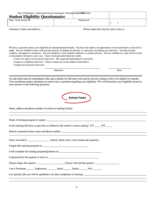Student Eligibility Questionnaire Form - State Of Washington - Employment Security Department Printable pdf