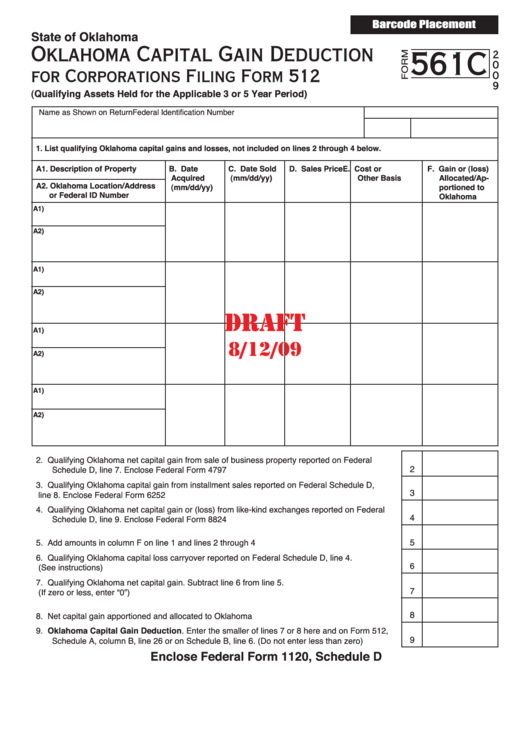 Form 561c Draft - Oklahoma Capital Gain Deduction For Corporations Filing Form 512 - 2009 Printable pdf