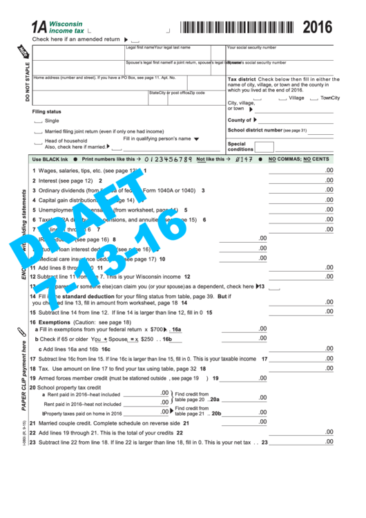 Form 1a Draft - Wisconsin Income Tax - 2016 Printable pdf