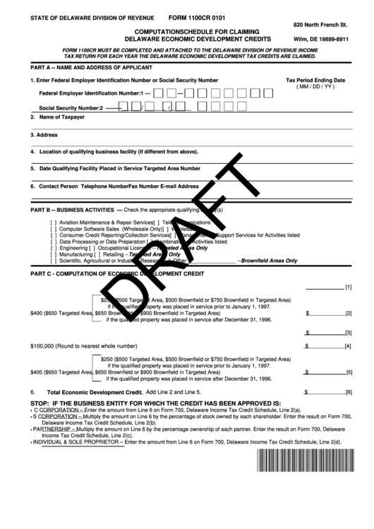 Form 1100cr 0101 (Draft) - Computation Schedule For Claiming Delaware Economic Development Credits Printable pdf