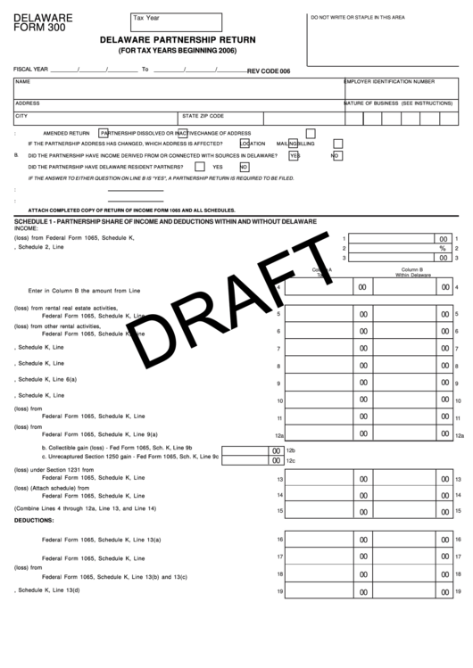 Delaware Form 300 (Draft) - Delaware Partnership Return - 2006 Printable pdf