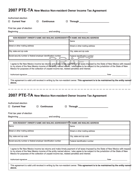 Form Pte-Ta Draft - New Mexico Non-Resident Owner Income Tax Agreement - 2007 Printable pdf