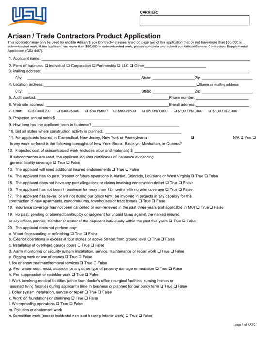 Fillable Artisan / Trade Contractors Product Application Form Printable pdf