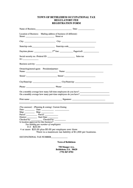 Occupational Tax Regulatory Fee Registration Form Printable pdf