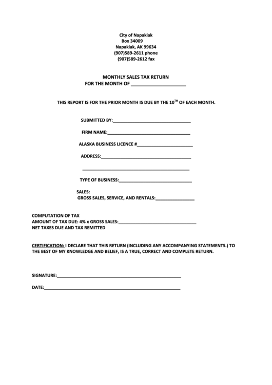 Monthly Sales Tax Return Form - Alaska Printable pdf